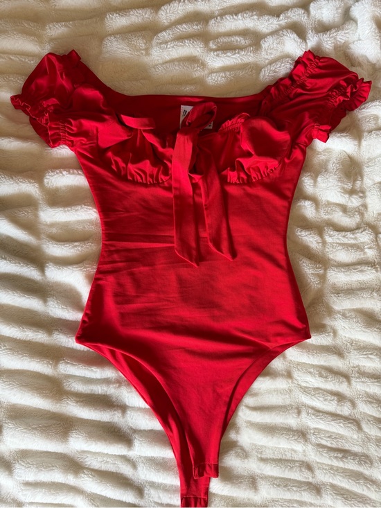 Princess Polly Tops - Princess Polly Bright Red Off-Shoulder One-Piece Bodysuit with Tie Front